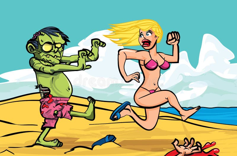 Cartoon zombie chasing a bikini girl on the beach