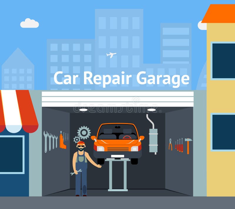 Cartooned Car Repair Garage