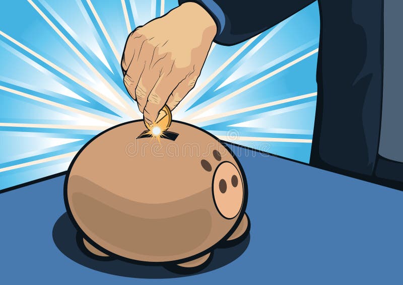 Cartooned Hand Putting Coin Inside Piggy Bank; Saving Concept