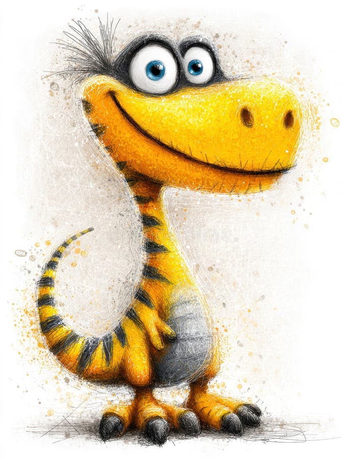 Cartoonisch gelber Velociraptor mit Zickzackschwanz große Augen gegenüber Richtungen Zunge aus weißem Hintergrund AIGenerated lizenzfreies stockfoto