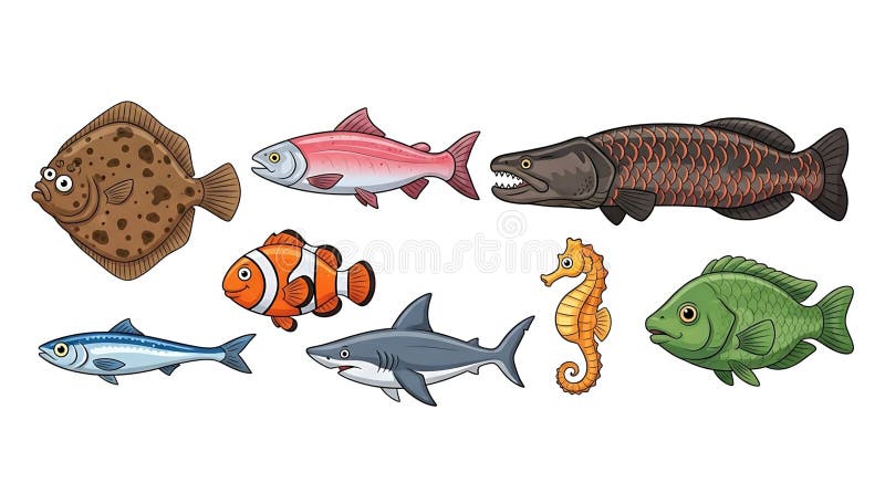 Cartoonish variety of sea creatures isolated on a white background vector illustration