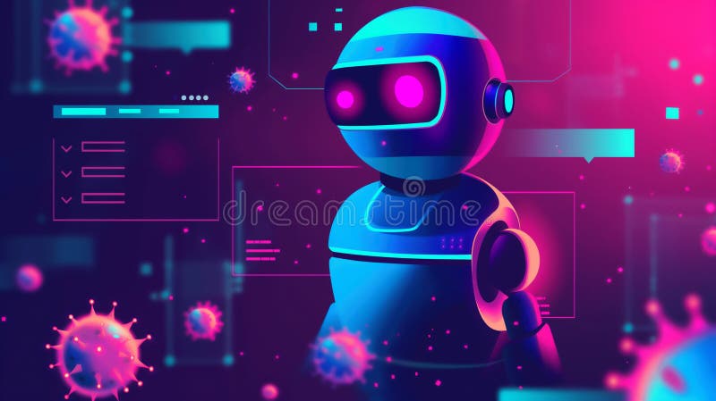 Cartoonroboter umgeben von strahlenden Viruspartikeln, die das Technologie- und Gesundheitskonzept hervorheben lizenzfreie abbildung