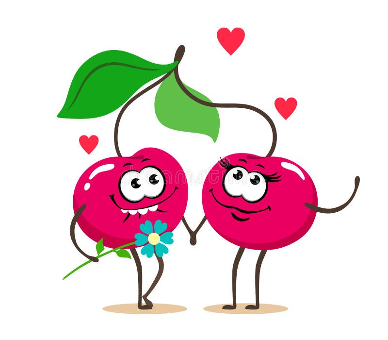 Cartoons in Love Cherries. Vector Fruit Isolate on White Background