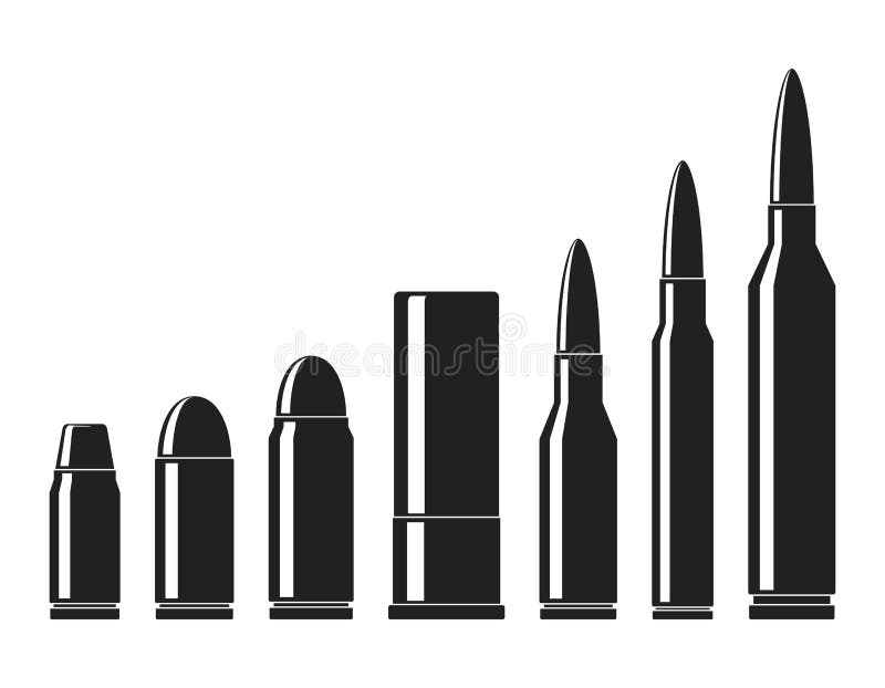 Cartridges icons vector set. A collection of bullets icons isolated on white background. Weapon ammo types and size in