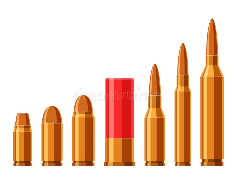 Cartridges vector set. A collection of bullets isolated on white background. Weapon ammo types and size in flat style.