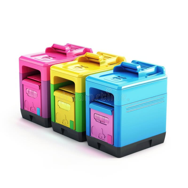 Cartucce di inchiostro colorate per stampanti Render 3D illustrazione vettoriale