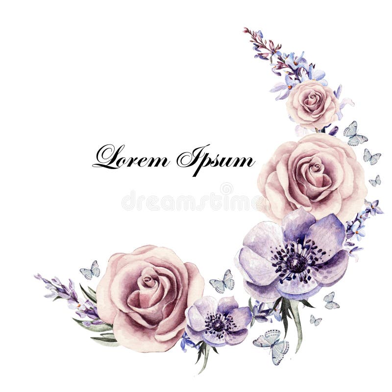 Cartão bonito da aquarela com anêmonas, alfazema e rosas das flores ilustração stock Cartão bonito da aquarela com anêmonas, alfazema e rosas das flores ilustração stock