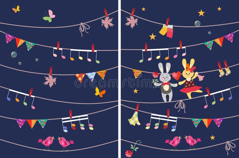 Cartão com os coelhos bonitos e as borboletas da dança, a festão, notas musicais, pássaros e folhas de bordo Elementos do projeto ilustração royalty free Cartão com os coelhos bonitos e as borboletas da dança, a festão, notas musicais, pássaros e folhas de bordo Elementos do projeto ilustração royalty free