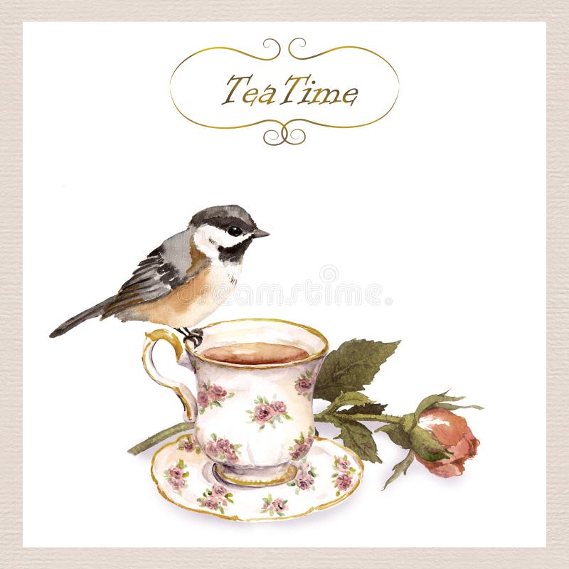 Cartão com projeto retro - pássaro bonito do convite do vintage da aquarela, copo de chá, flor cor-de-rosa ilustração stock Cartão com projeto retro - pássaro bonito do convite do vintage da aquarela, copo de chá, flor cor-de-rosa ilustração stock