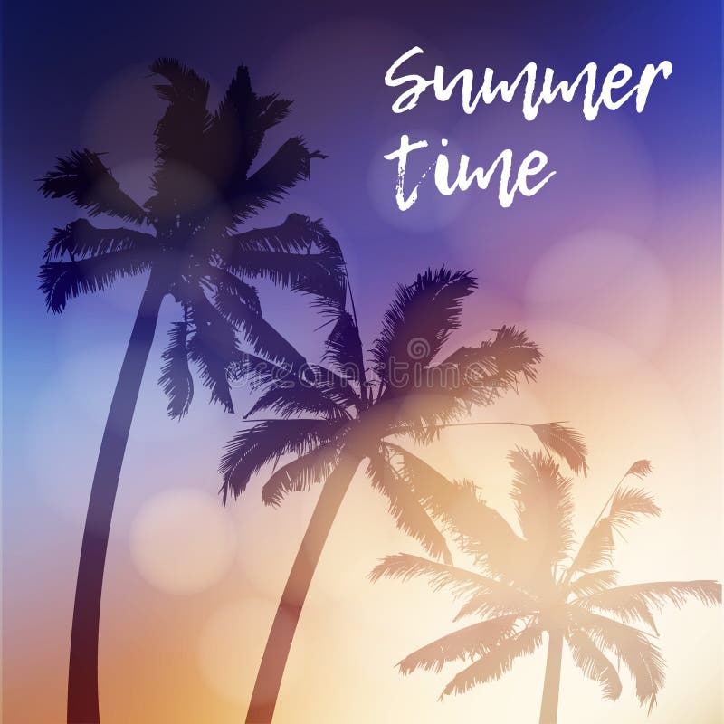 Cartão das horas de verão, convite Silhueta das palmeiras outra vez o céu durante o por do sol bonito tropical ilustração do vetor