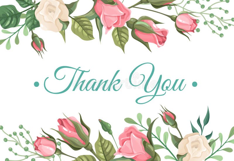 Cartão de agradecimento. flores brancas e rosa elegantes com folhas verdes. texto desenhado à mão na borda decorativa ilustração do vetor