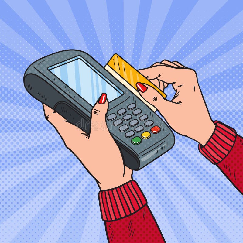 Pop Art Female Hands Swiping Credit Card with Bank Terminal. Payment with POS in Store. Vector illustration. Pop Art Female Hands Swiping Credit Card with Bank Terminal. Payment with POS in Store. Vector illustration