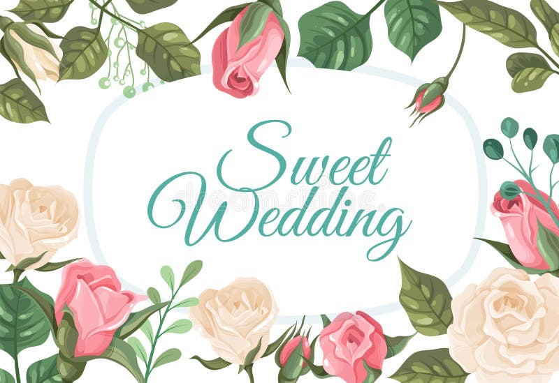 Cartão de casamento com rosas. cartão postal romântico com flores rosa e brancas elegantes e verdes folhas convite floral e ilustração stock