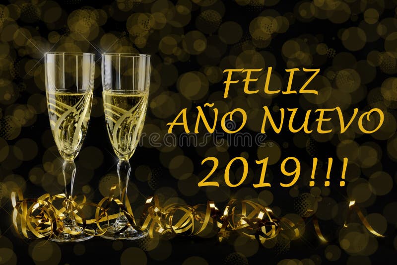 Cartão de cumprimentos do ano novo 2019 Bokeh e efeitos brilhantes no fundo preto imagens de stock Cartão de cumprimentos do ano novo 2019 Bokeh e efeitos brilhantes no fundo preto imagens de stock