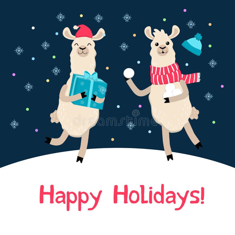 Cartão de Natal bonito do lama Cartão do inverno dos desenhos animados da alpaca ilustração do vetor Cartão de Natal bonito do lama Cartão do inverno dos desenhos animados da alpaca ilustração do vetor