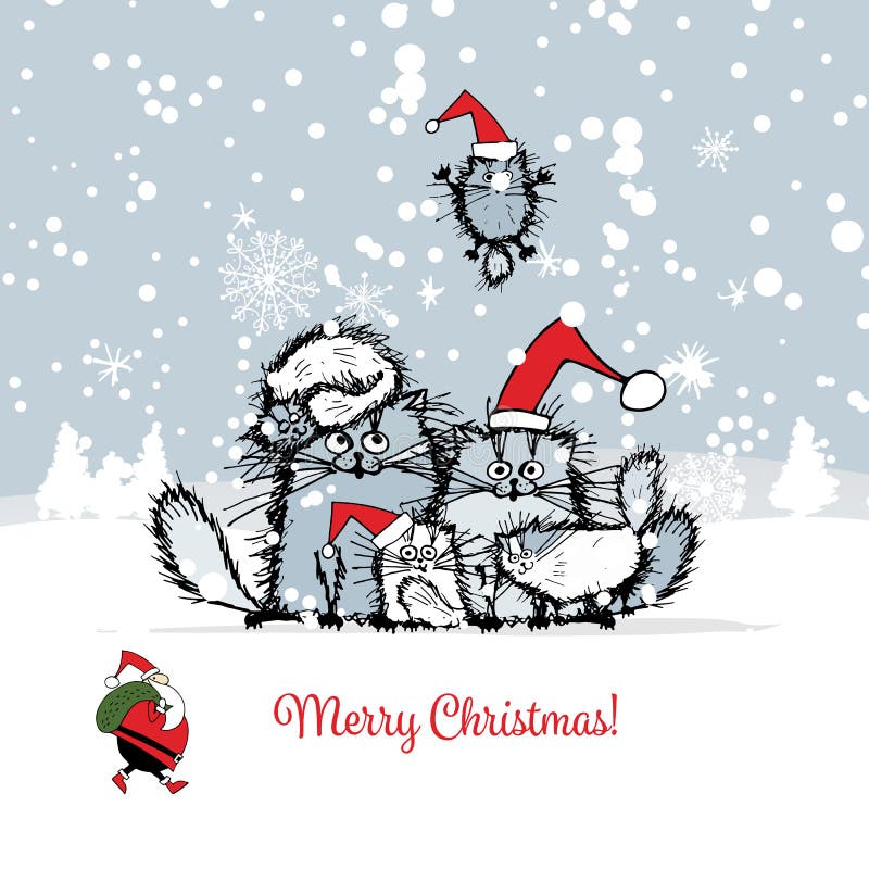 Cartão de Natal com a família de gatos feliz ilustração royalty free Cartão de Natal com a família de gatos feliz ilustração royalty free