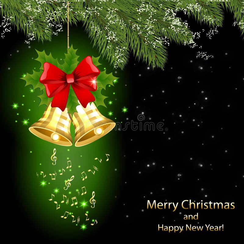 Cartão de Natal com notas musicais douradas e os sinos dourados ilustração stock Cartão de Natal com notas musicais douradas e os sinos dourados ilustração stock