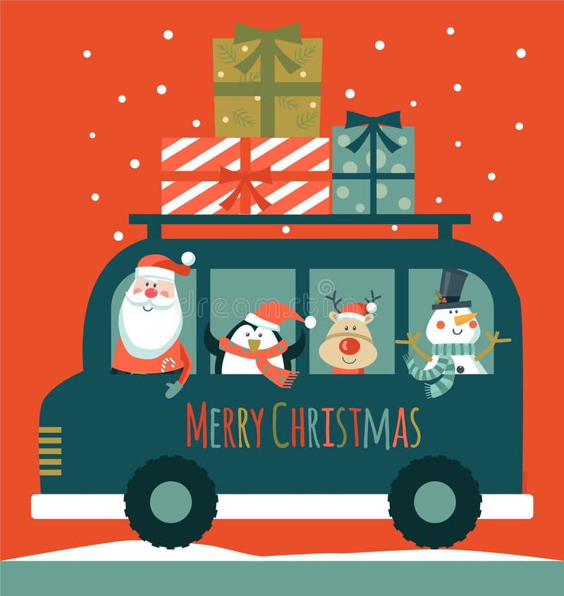 Cartão de Natal com Santa boneco de neve, cervos e pinguim , ilustração royalty free Cartão de Natal com Santa boneco de neve, cervos e pinguim , ilustração royalty free