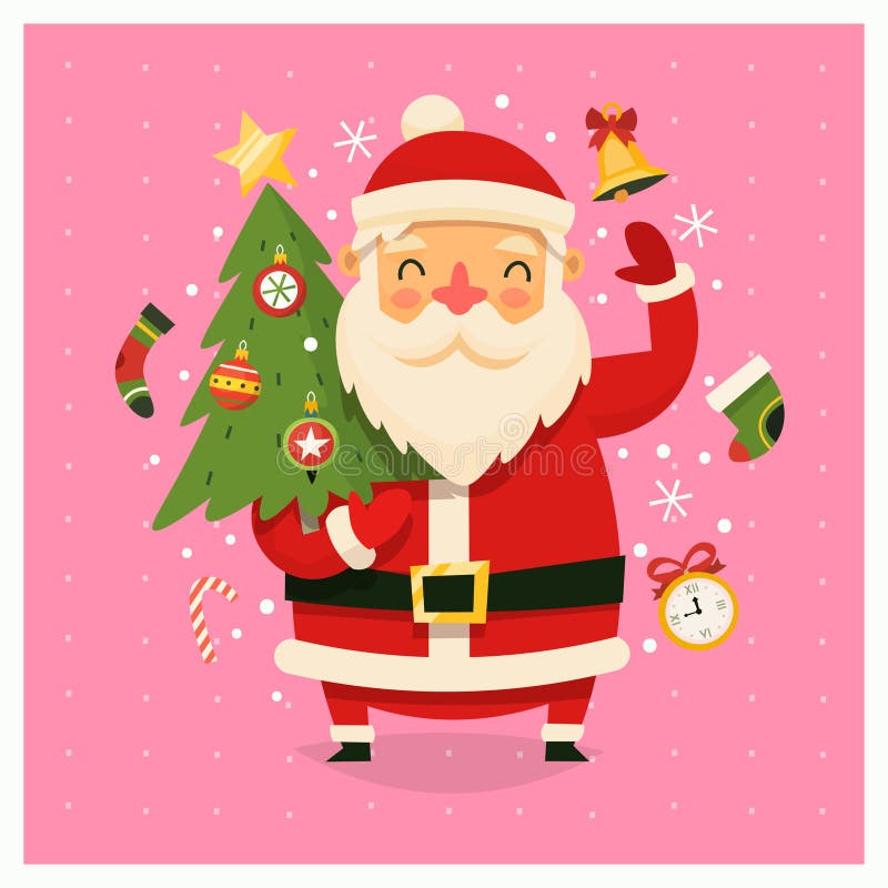 Christmas card with Santa Claus carrying tree decorated with traditional christmas elements. Vector cartoon illustration. Christmas card with Santa Claus carrying tree decorated with traditional christmas elements. Vector cartoon illustration