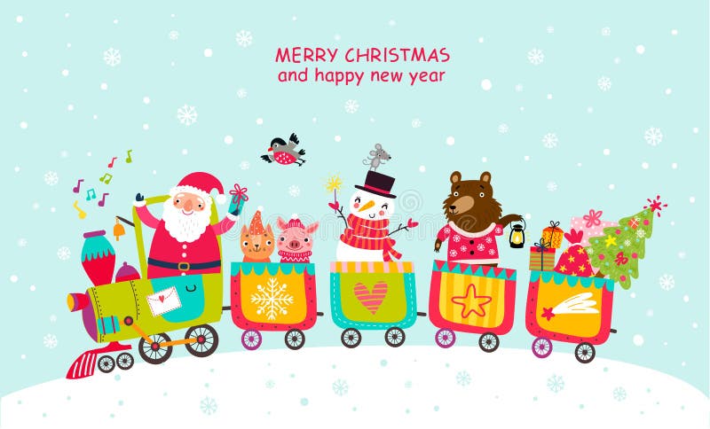 Cartão de Natal com Santa e animais no trem Caráteres bonitos ilustração royalty free Cartão de Natal com Santa e animais no trem Caráteres bonitos ilustração royalty free