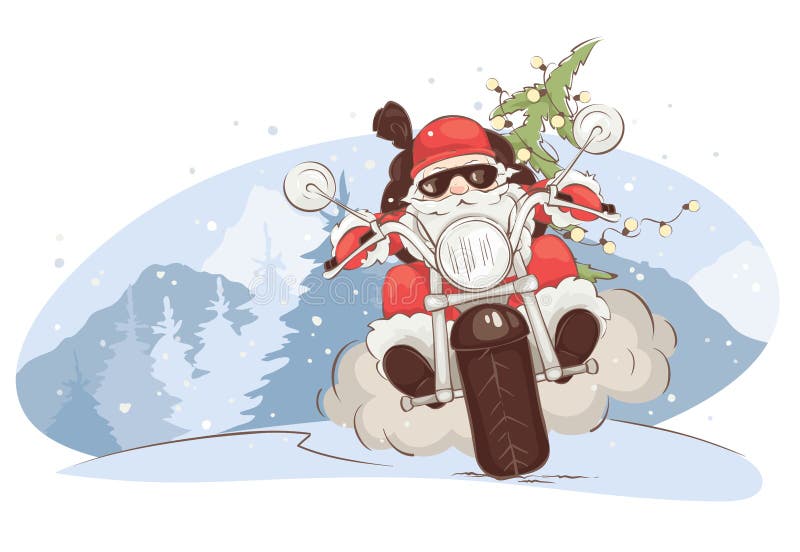 Vector illustration, Santa Claus on chopper with gifts and trees. Vector illustration, Santa Claus on chopper with gifts and trees