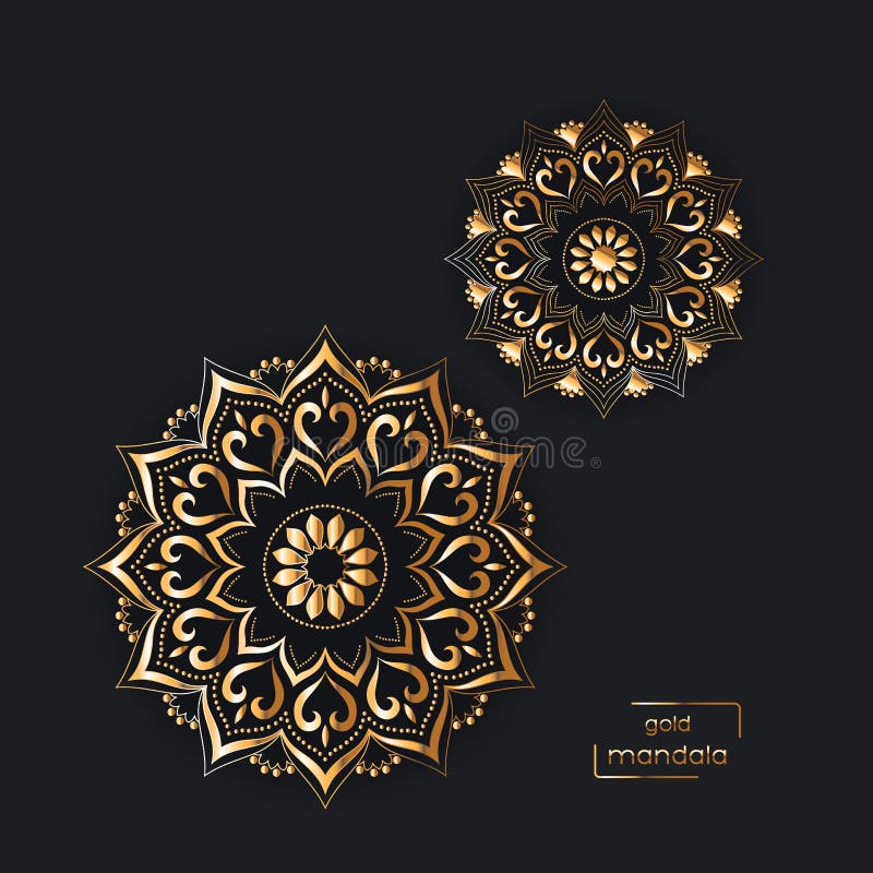 Cartão decorativo do ouro com as duas mandalas orientais da flor no preto ilustração stock Cartão decorativo do ouro com as duas mandalas orientais da flor no preto ilustração stock