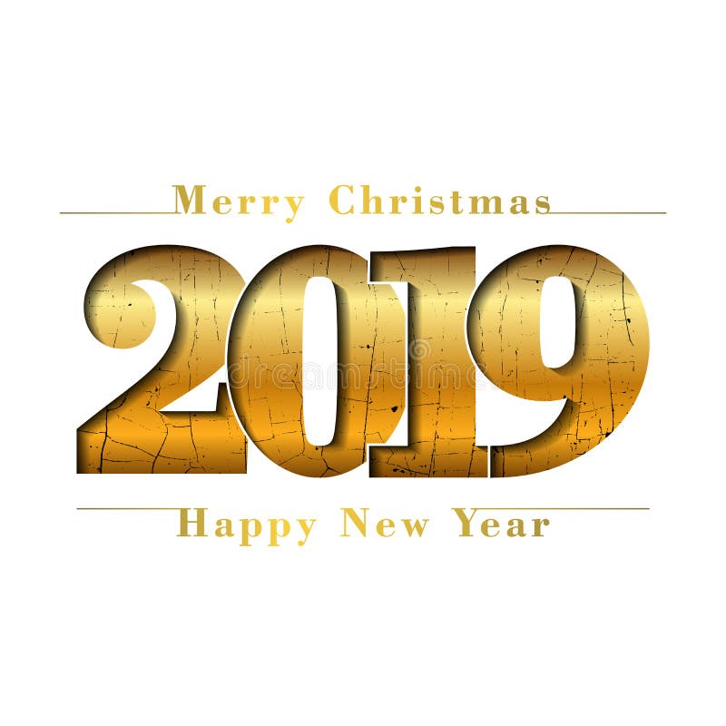Cartão do Feliz Natal do ano novo feliz, ouro número 2019 Fundo branco isolado do grunge da quebra dígitos dourados Craquelure ilustração royalty free Cartão do Feliz Natal do ano novo feliz, ouro número 2019 Fundo branco isolado do grunge da quebra dígitos dourados Craquelure ilustração royalty free