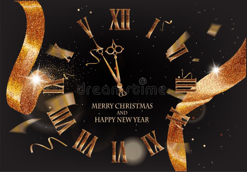 Cartão do Feliz Natal e do ano novo com a fita efervescente do ouro, confetes de voo e o relógio bonito ilustração stock Cartão do Feliz Natal e do ano novo com a fita efervescente do ouro, confetes de voo e o relógio bonito ilustração stock