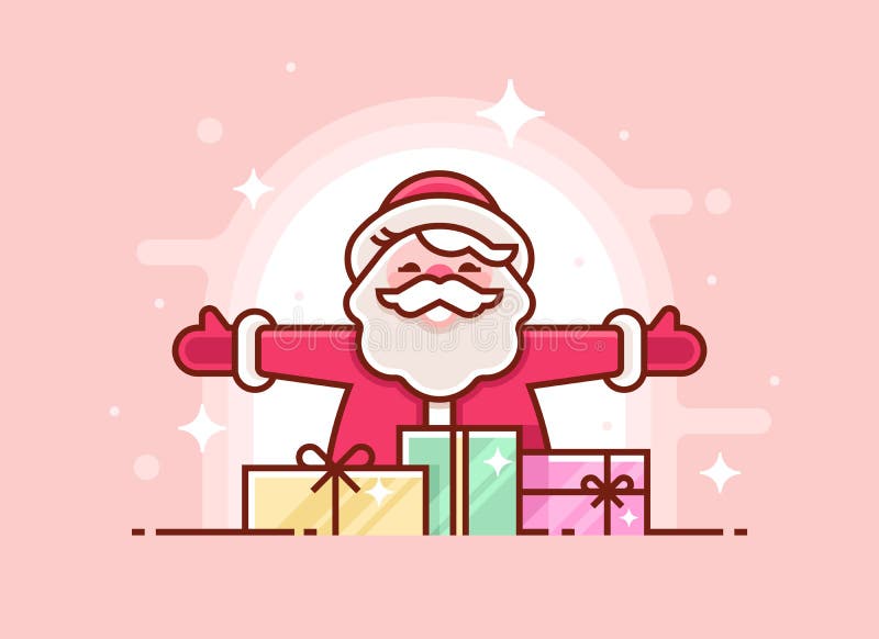 Cartão do Natal com sorriso e presentes de Santa Claus Linha fina convite do xmas Ilustração do vetor ilustração stock Cartão do Natal com sorriso e presentes de Santa Claus Linha fina convite do xmas Ilustração do vetor ilustração stock