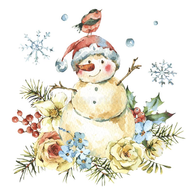 Cartão do Natal da aquarela do inverno com sowman bonito, flores