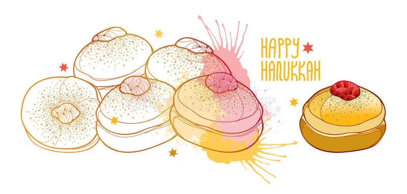 Cartão do vetor com sufganiyah ou sufganiyot tradicional do Hanukkah do símbolo do esboço ou filhós em bege e cor-de-rosa pasteis ilustração royalty free Cartão do vetor com sufganiyah ou sufganiyot tradicional do Hanukkah do símbolo do esboço ou filhós em bege e cor-de-rosa pasteis ilustração royalty free