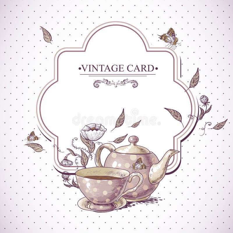 Invitation Vintage Card with a Cup of Tea or Coffee, Pot, Flowers and Butterfly. Invitation Vintage Card with a Cup of Tea or Coffee, Pot, Flowers and Butterfly.