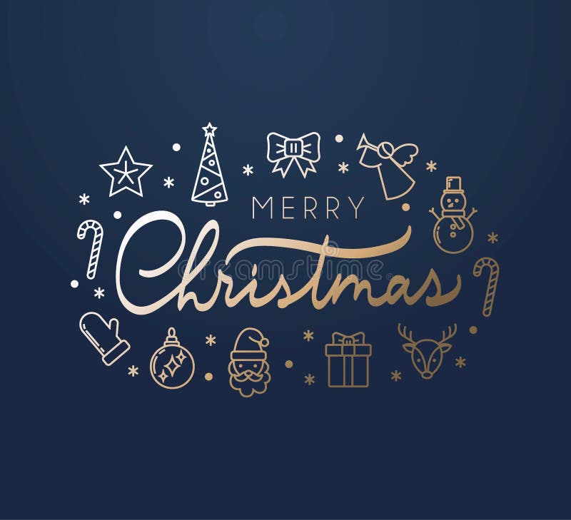 Cartão elegante do Feliz Natal com rotulação dourada, ícones e fundo azul ilustração do vetor Cartão elegante do Feliz Natal com rotulação dourada, ícones e fundo azul ilustração do vetor