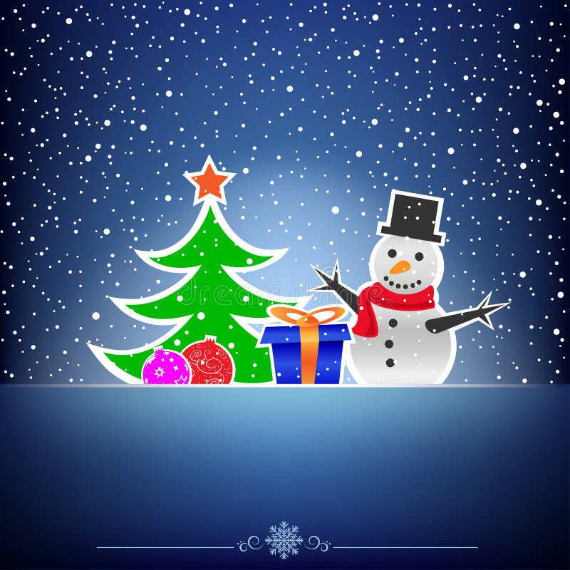 Christmas cartoon card with snowman, fir-tree, bauble and present on the blue snow background. Christmas cartoon card with snowman, fir-tree, bauble and present on the blue snow background