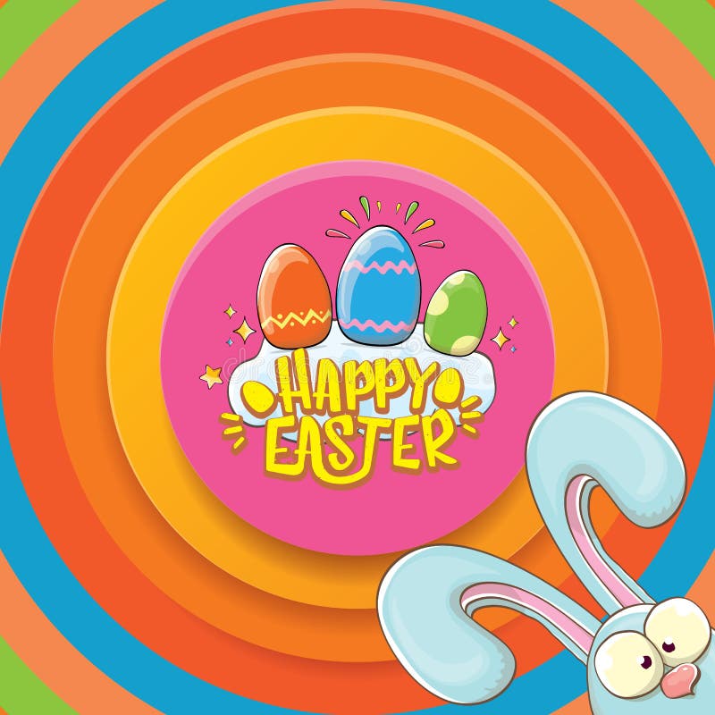 Cartão feliz de easter com coelho, texto caligráfico, nuvens, arco-íris e ovos da páscoa da cor crianças de easter do vetor ilustração do vetor Cartão feliz de easter com coelho, texto caligráfico, nuvens, arco-íris e ovos da páscoa da cor crianças de easter do vetor ilustração do vetor