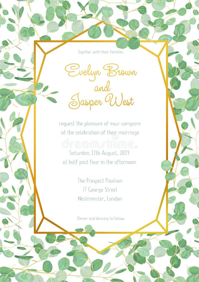 Cartão festivo do convite do casamento com verde sempre-verde do eucalipto ilustração stock Cartão festivo do convite do casamento com verde sempre-verde do eucalipto ilustração stock