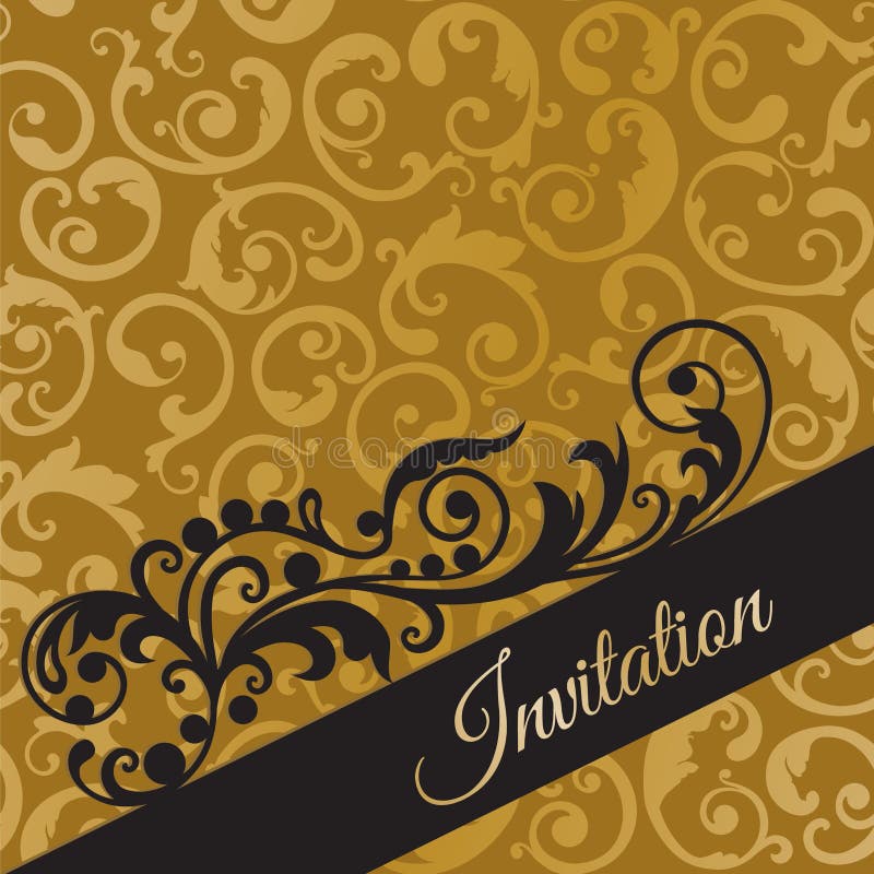 Luxury black and gold invitation with seamless swirls wallpaper background. This image is a vector illustration. Luxury black and gold invitation with seamless swirls wallpaper background. This image is a vector illustration.