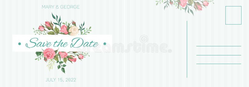 Cartão postal de casamento. modelo de carta botânica do bouquet de verão. carta desenhada à mão romântica com flores rosa elegante ilustração do vetor