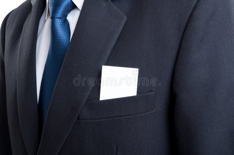 Cartão vazio no bolso do revestimento do terno do homem de negócio imagem de stock Cartão vazio no bolso do revestimento do terno do homem de negócio imagem de stock