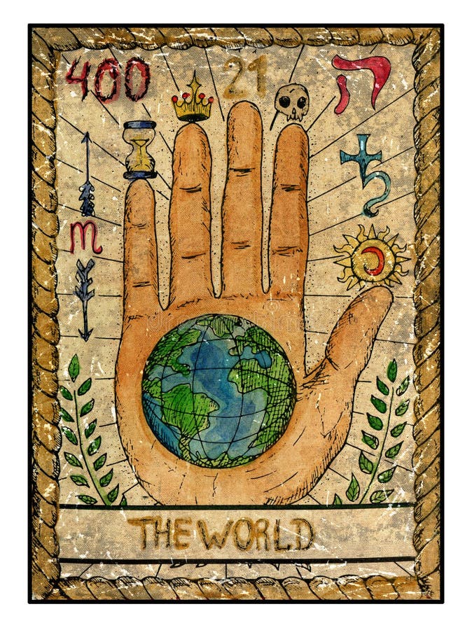 Cartões de tarô velhos Plataforma completa O mundo ilustração royalty free Cartões de tarô velhos Plataforma completa O mundo ilustração royalty free