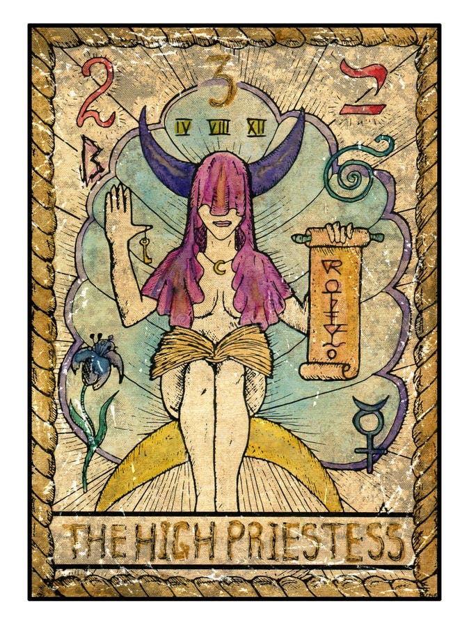 The high priestess. Full colorful deck, major arcana. The old tarot card, vintage hand drawn engraved illustration with mystic symbols. Woman with face closed by hood holding scroll and sitting on the moon. The high priestess. Full colorful deck, major arcana. The old tarot card, vintage hand drawn engraved illustration with mystic symbols. Woman with face closed by hood holding scroll and sitting on the moon