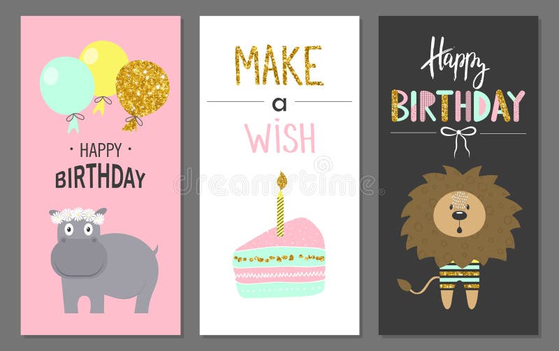 Cartões do feliz aniversario e moldes do convite do partido com animais bonitos ilustração royalty free Cartões do feliz aniversario e moldes do convite do partido com animais bonitos ilustração royalty free