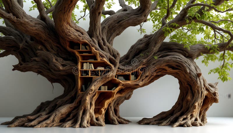 Carved bookshelf, ancient tree, arboreal storage. stock illustration