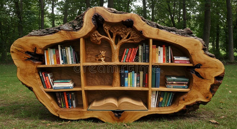 Carved bookshelf, ancient tree, arboreal storage. vector illustration