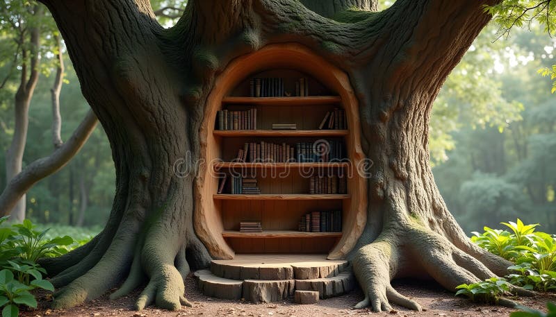 Carved bookshelf, ancient tree, arboreal storage. stock illustration