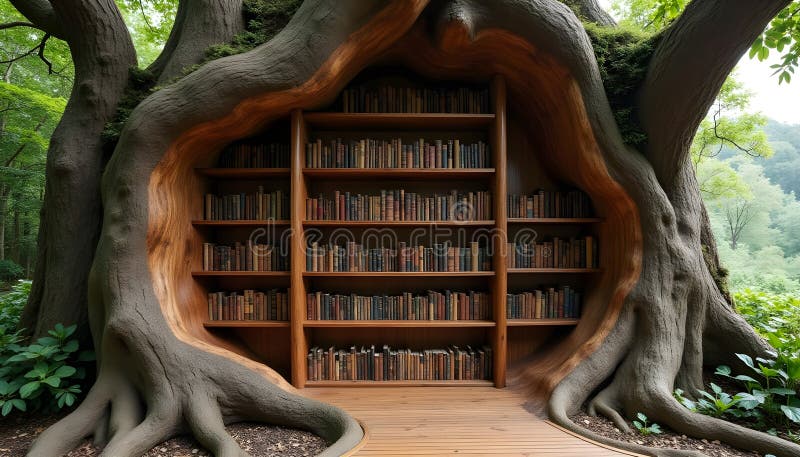 Carved bookshelf, ancient tree, arboreal storage. royalty free illustration