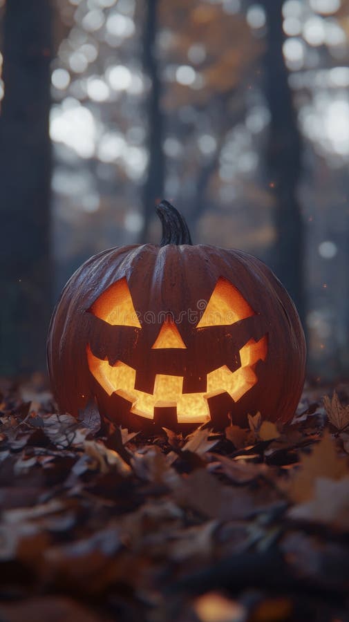 Carved pumpkin with glowing face in autumn forest stock photography