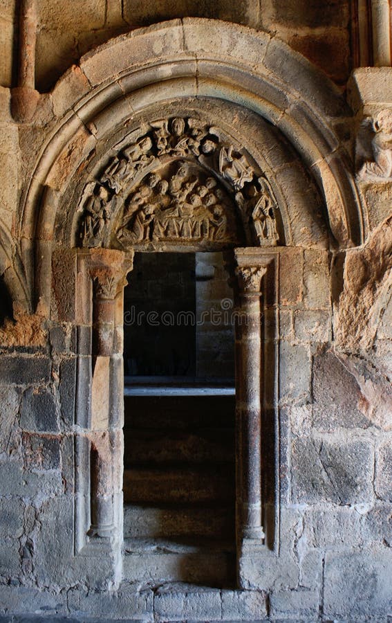 Carved tympanum in the monastery of Carracedo, Spain. Medieval tympanum stock images, royalty-free photos and pictures