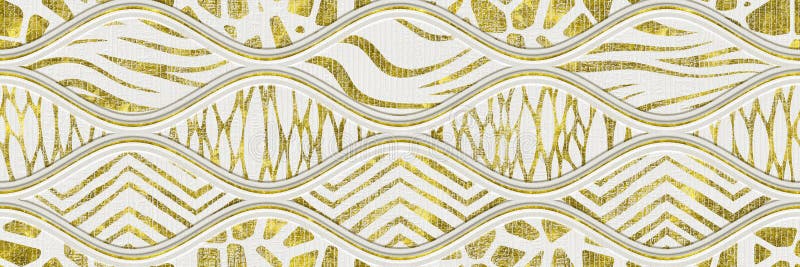 Carving waves pattern on grunge background seamless texture, patchwork pattern, gold and white color, long texture, 3d illustratio vector illustration