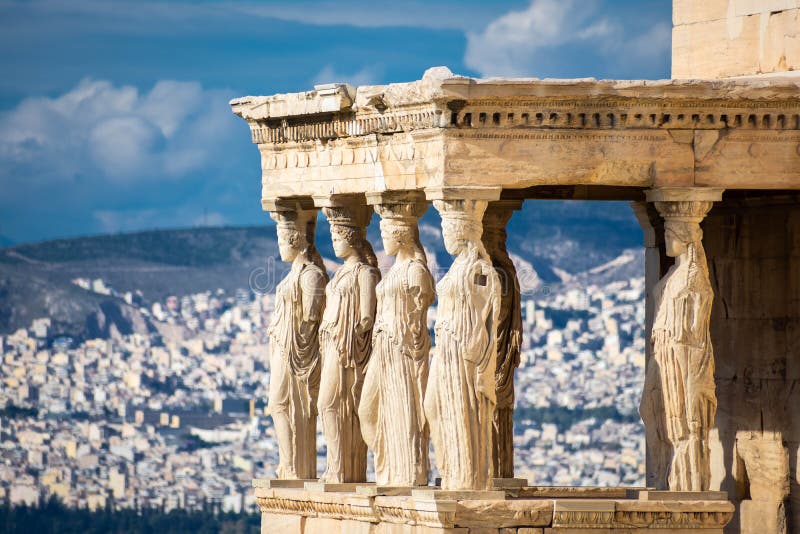 The Caryatides, Female Statues in the Acropolis of Athens Greece Stock